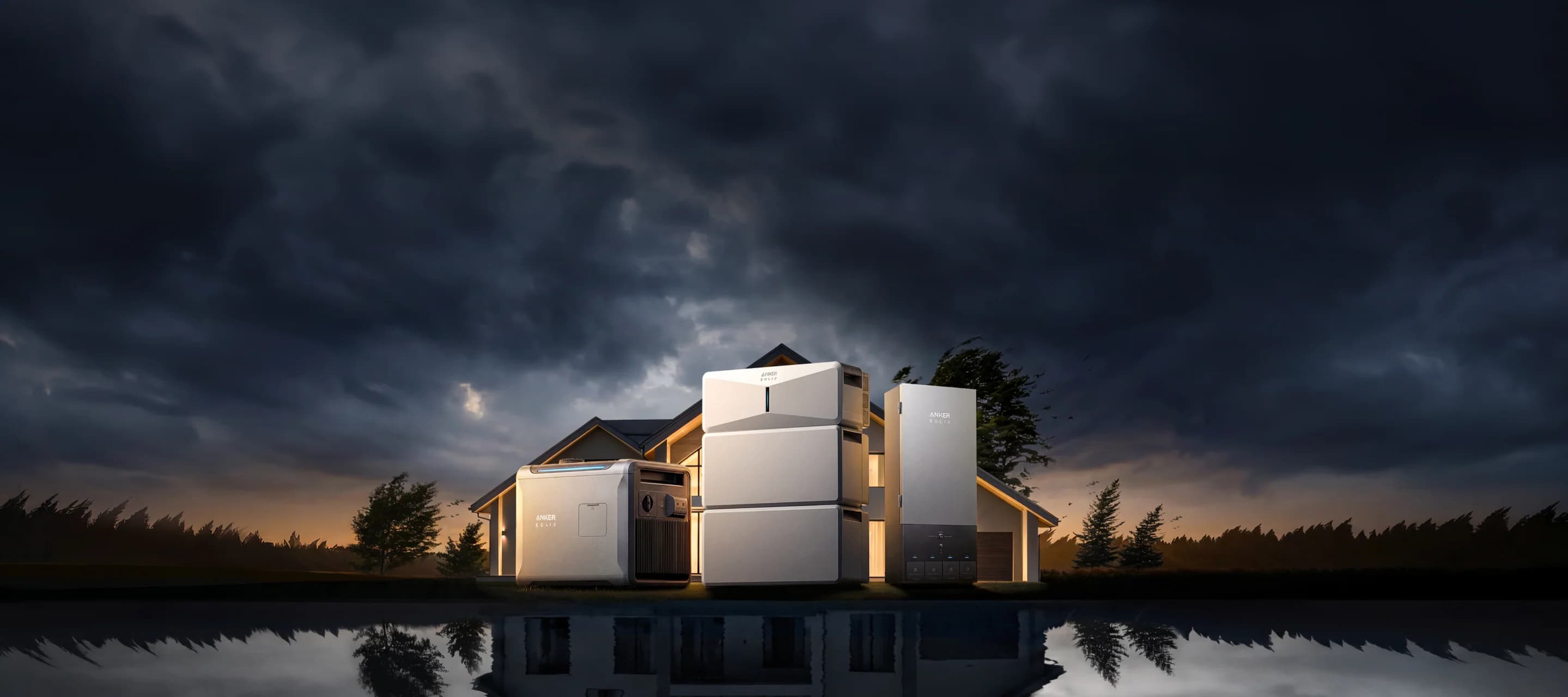 Anker SOLIX backup power system outside a lit home during a storm